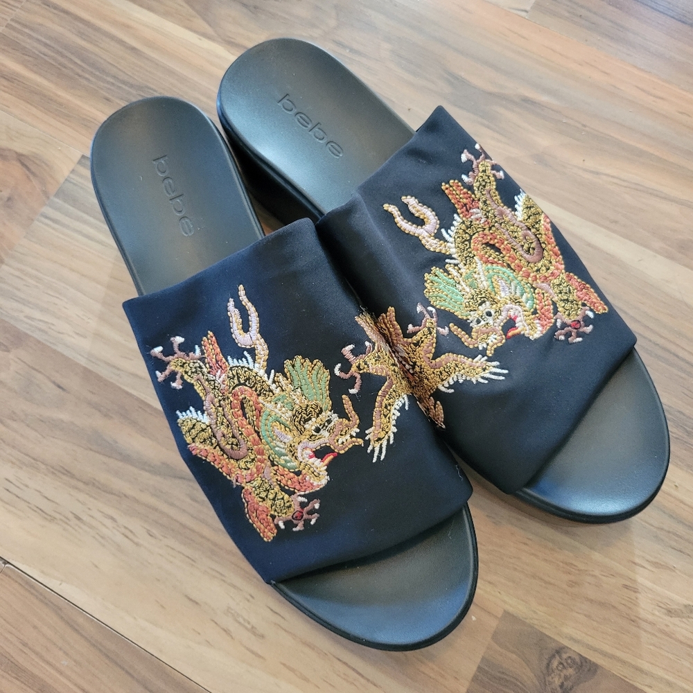 Bebe 90s Y2k Black Slide Sandals with Dragon Embroidery